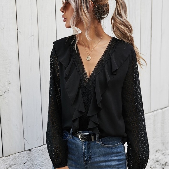 BLack lace ruffle detail v neck long sleeve top - Picture 2 of 6